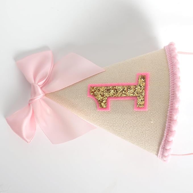 Pink Bow 1st Birthday Hat For Girl -Pink Girls First Birthday Decorations,Princess Theme Photo Prop,Size: 5.5×3.1 In