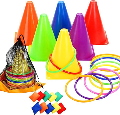 Win SPORTS 3 in 1 Carnival Outdoor Games Combo Set, Soft Plastic Cones Cornhole Bean Bags Ring Toss Games,for Kids Adults Indoor Outdoor Birthday Party Lawn Games Supplies (26 Pieces