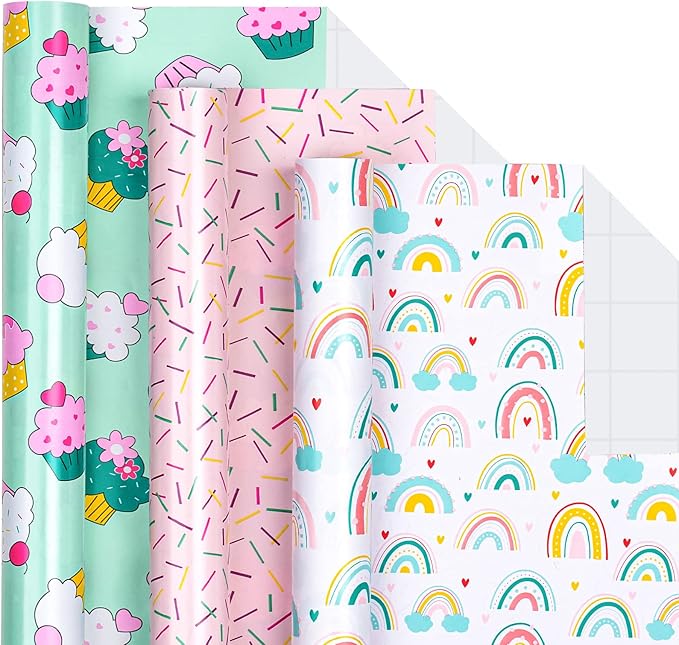 LeZakaa Mini Wrapping Paper Roll - Mini Roll - Cupcake/Rainbow/Colorful Stripe for Birthday, Party, Holiday, Baby Shower - 17 x 120 inches - 3 Rolls (42.5 sq.ft.ttl.)