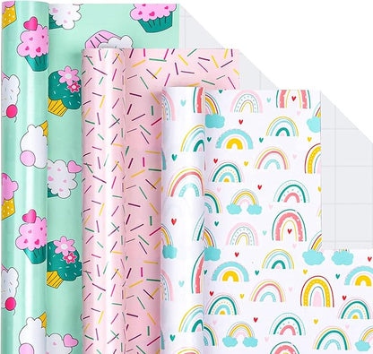 LeZakaa Mini Wrapping Paper Roll - Mini Roll - Cupcake/Rainbow/Colorful Stripe for Birthday, Party, Holiday, Baby Shower - 17 x 120 inches - 3 Rolls (42.5 sq.ft.ttl.)