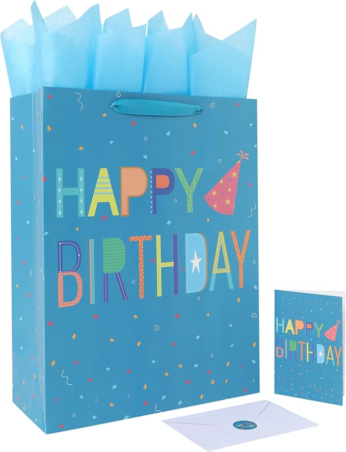 Qirrmiy 16.5" Extra Large Happy Birthday Gift Bag Set with Handles, Greeting Card, Blue Tissue Papers and Stickers for Boys Teens for Baby, Kid's Birthday Party, Newborn, Cute Design, 1 Pcs