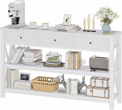 FATORRI Console Table for Entryway, Wood and Metal Sofa Table with 3 Drawers for Living Room, Farmhouse Hallway Tables and Modern Couch Tables Behind Sofa (54.72 Inch Long, White Oak)