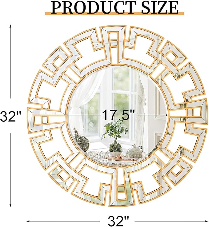 Chende Gold Mirrors for Decor, 32'' Round Wall Mirror with Beveled Glass Frame, Modern Decorative Mirror with Wood Frame for Living Room, Entryway, Dining Room, Bathroom