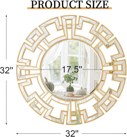 Chende Gold Mirrors for Decor, 32'' Round Wall Mirror with Beveled Glass Frame, Modern Decorative Mirror with Wood Frame for Living Room, Entryway, Dining Room, Bathroom