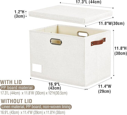 17" Large Collapsible Storage Bins with Lids, Stackable Closet Organizers with PU Handle and Labels, 3-Pack Decorative Fabric Storage Boxes for Home, Bedroom, Closet, Office, Nursery(White)