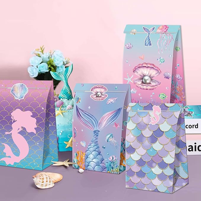 XJLANTTE 40 Pcs Mermaid Goodie Bags - Under The Sea Party Favor Bags with Tail Stickers, Scale Party Bags for Kids Girls Under The Sea Themed Little Mermaid Party Decorations