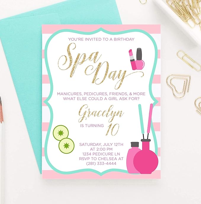 Modern Pink Paper Spa Day Birthday Invitations for Girls, Spa Day Invitations Birthday, Your choice of Quantity, Age, Info and Envelope Color