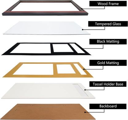 GraduationMall 11x22 Cherry Diploma Frame with Tassel Holder and Picture for 8.5x11 Certificate 5x7 Photo,Tempered Glass,Black over Gold Mat