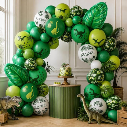 Dinosaur Balloons, 12 Inch Dino Printed Balloons with Palm Leaves Confetti Balloons for Birthday Party Jungle Dinosaur Safari Themed Decoration Supplies