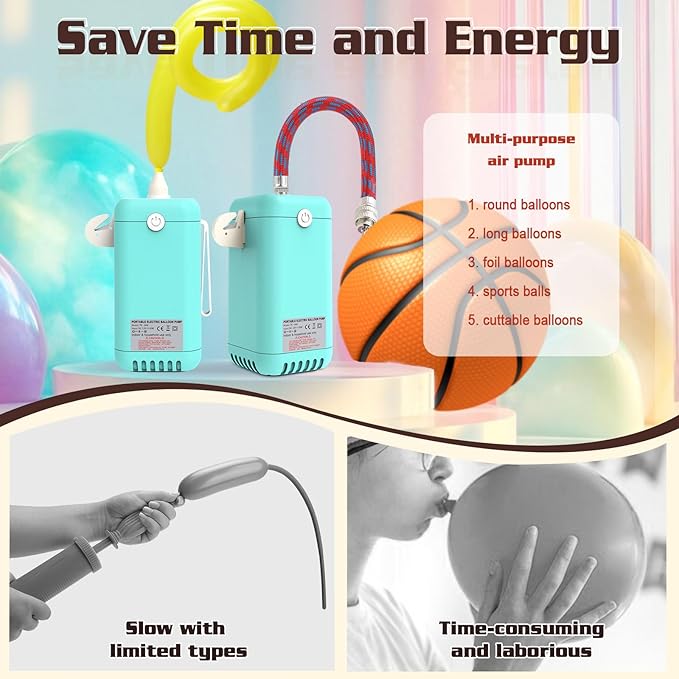 AXHJ Balloon Pump Electric Air Pumps for Long Balloons, 2-in-1 Electric Air Balloon Pump, Balloon Inflator for 260q,Foil, Latex Balloons and Sport Balls, Lake Blue