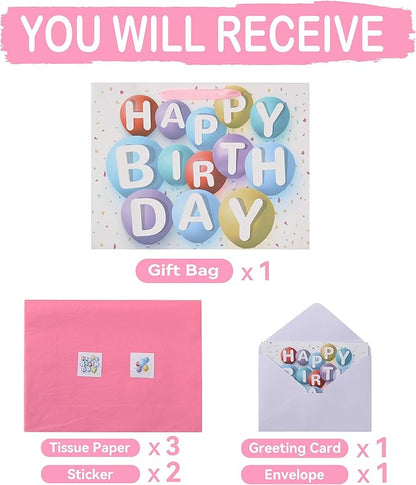 wishinside 16.5” Extra Large Happy Birthday Gift Bag Set with Handles, Greeting Card, Pink Tissue Papers and Stickers for Girls Kids Women, Colorful Balloon Design, 1 Pcs