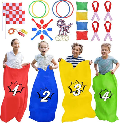 GOLDGE 28 Piece Outdoor Games Kit for Kids - Includes Big Potato Sack Race Bags, Bean Bag Toss, 3 Legged Race Bands, Egg Spoon Relay, for Easter, Christmas & Birthday Parties in The Yard & Lawn