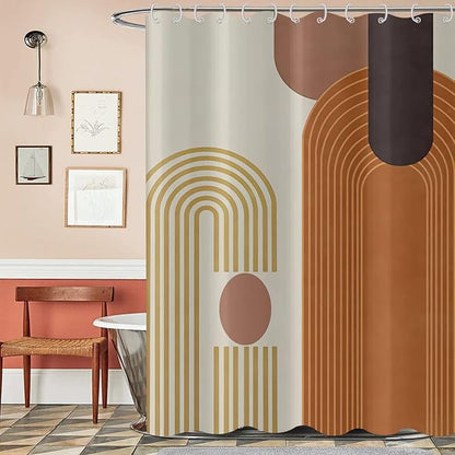Mid Century Shower Curtain, Brown Modern Boho Neutral Arch Geometric Machine Washable Waterproof for Bathroom Bathtub with 12 Hooks 72x72