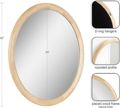 Kate and Laurel Dessa Modern Round Wooden Wall Mirror; 32 Inch Diameter; Natural; Transitional Circle Bathroom Vanity Mirror with Chunky Rounded Profile and Solid Poplar Wood Frame