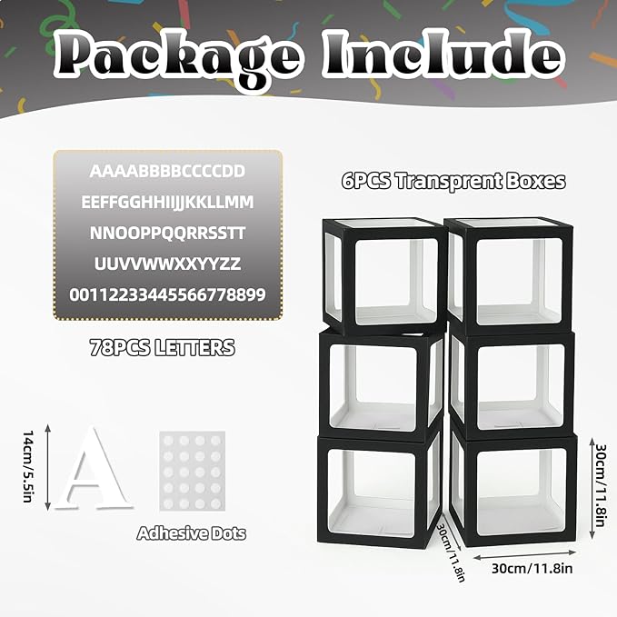 Voircoloria Prom Boxes Decorations With 78 Letters, 6 Black Boxes for Custom Prom Graduation Birthday Gender Reveal Party Decorative Blocks(6PCS, Black)