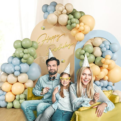 156pcs Blue and Yellow Balloon Arch Kit, Pastel Balloons with Blue Yellow Sage Green Sand White Balloons for Classic Bear Themed Baby Shower Wedding Birthday Party Decorations