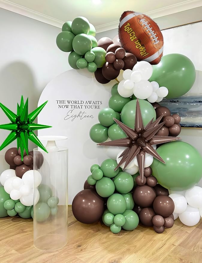 Football Balloon Garland Arch Kit, 129Pcs Green and Brown Balloons Big Star Football Foil Balloons Sage Green White Balloon for Touch Down Rugby Birthday Sports Party Decorations