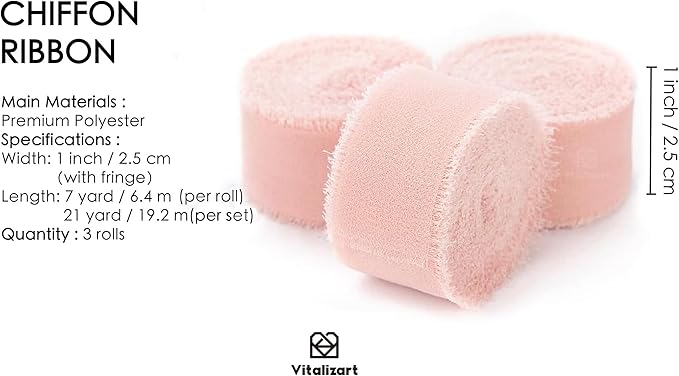 Vitalizart Blush Pink Chiffon Silk Ribbon 1" x 21 Yd Fringe Fabric Package (3 Rolls * 7 Yd) for Wedding Invitations Bridal Bouquets Decorations Gifts Wrapping & Bow Making Light Pink