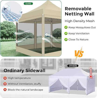 COBIZI 10x10 Heavy Duty Pop Up Canopy Tent with 4 Sidewalls, Easy Set Up Outdoor Waterproof Screen Commercial Party Tent with Mosquito Netting for Parties Backyard Patio, Carry Bag, Khaki