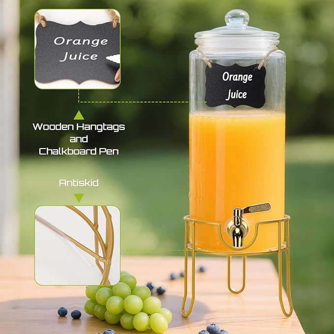 DHSBTLS 1.5 Gallon Glass Drink Dispensers, Round Beverage Dispenser for Party, BBQ and Picnic, Clear Airtight Juice Dispenser with Golden Stand, Stainless Steel Spigot, Markers and Chalkboard