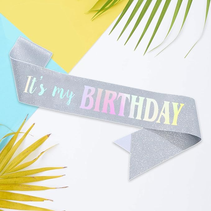 It's My Birthday Sash, Dazzle Foil Letter Glitter Silver Birthday Sash for Women Girl Kids Teenager Funny Bday Gifts Party Favors Photo Prop