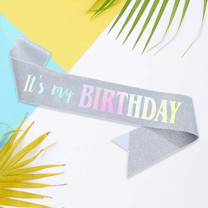 It's My Birthday Sash, Dazzle Foil Letter Glitter Silver Birthday Sash for Women Girl Kids Teenager Funny Bday Gifts Party Favors Photo Prop