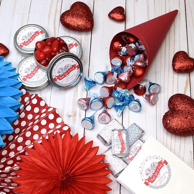 Heartbreaker Red & Blue Hearts Valentine's Day Birthday Party Sticker Bundle Kit 429 pieces! Includes 2" Circle Stickers for Favors, Mini Candy Bar Wrappers & Round Candy Kiss Stickers