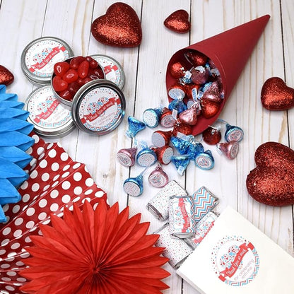 Heartbreaker Red & Blue Hearts Valentine's Day Birthday Party Sticker Bundle Kit 429 pieces! Includes 2" Circle Stickers for Favors, Mini Candy Bar Wrappers & Round Candy Kiss Stickers