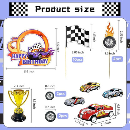 MEMOVAN Race Car Birthday Cake Decoration 24PCS Racing Car Cake Toppers Checkered Flag Cars Cake Cupcake Decorations for Man Boy Kid Racing Cars Theme Birthday Supplies Party Favors