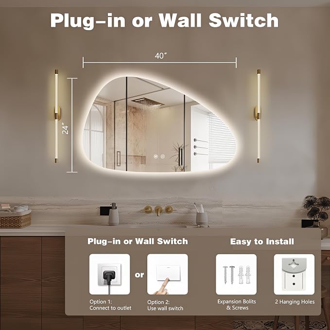 Niccy Irregular LED Bathroom Mirror, 24"x40" Asymmetrical Backlit Vanity Wall Mirrors, Frameless Lighted Mirrors for Bedroom, Living Room, Modern Smart-Mirror with Anti-Fog, Dimmable, Memory Function