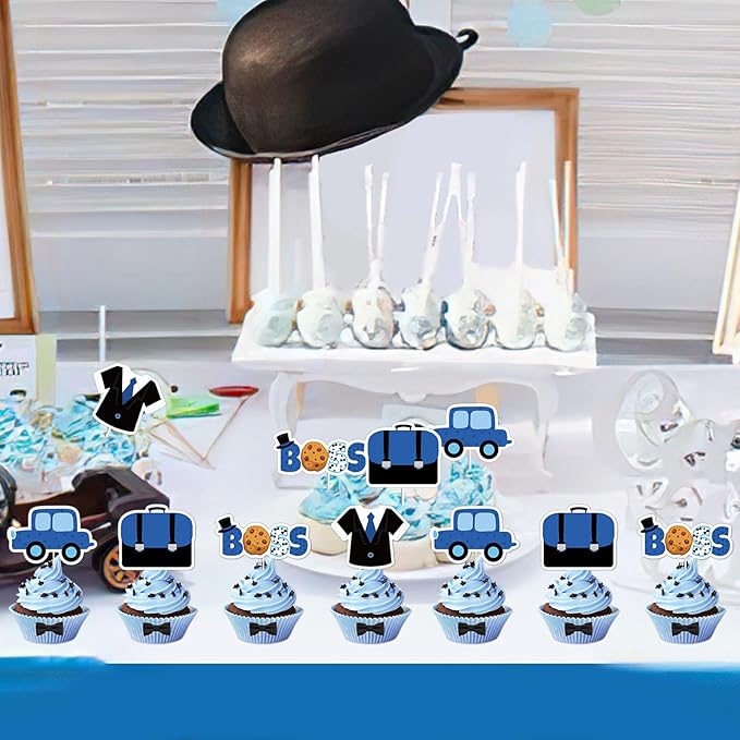 36Pcs Boss Cupcake Toppers for Boys Blue Black Happy Bossday Theme Birthday Party Decorations Car Boss Theme Table Topper for Baby Boy Boss 1st 2nd 3rd Birthday Party Decor Supplies