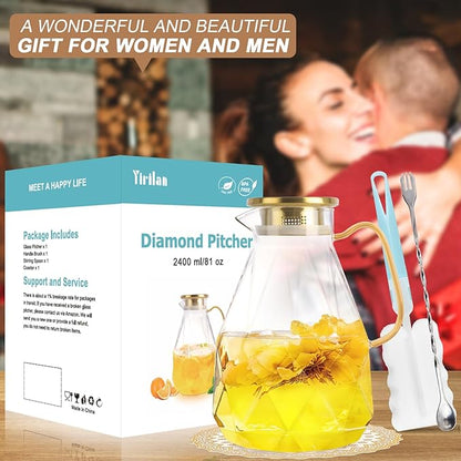 Glass Pitcher, 2.4Liter Water Pitcher With Lid, Iced Tea Pitcher for Fridge, Glass Water Carafe With Lid, Glass Water Jug, Large Drink Pitcher For Juice, Milk, Cold Or Hot Beverages, 2400ML