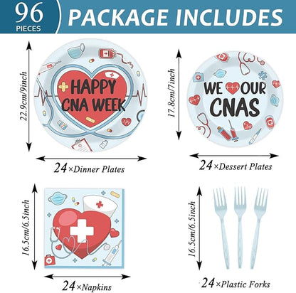 CHUNNIN 96Pcs Happy CNA Week Plates and Napkins Nurse Appreciation Week Party Decorations We Love Our CNAS Dessert Plates Nurse Tableware for 24 Guests CNA Appreciation Week Party Supplies