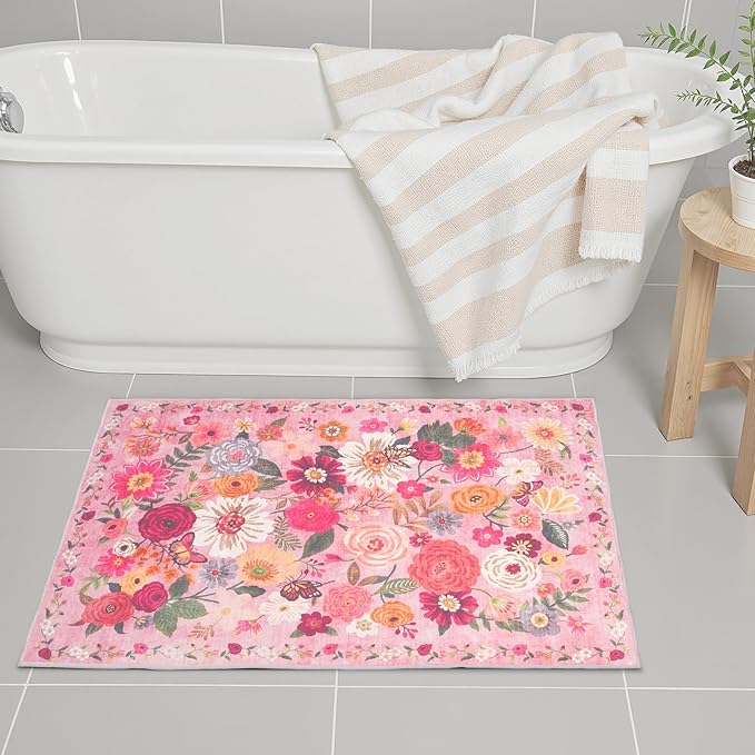 Pink Area Rugs 24x17 Inch Home Decor Entry Rug, Small Door Mat Bath Mats for Bathroom, Ultra-Thin Non Slip Floral Low Pile Tub Mat for Sink Shower Doorway Tub Kitchen Sink(2 x 1.4, Pink Garden)