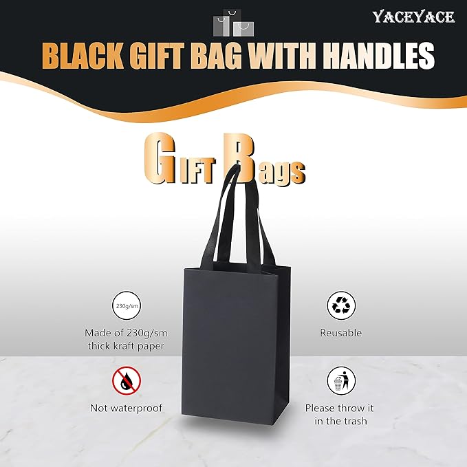 Black Kraft Paper Gift Bags - 20Pcs 5.25"x3.75"x8" With Ribbon Handles for Wedding, Party, Birthday, Retail