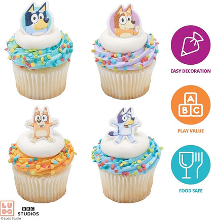 DecoPac Bluey So Much Fun Rings, 24 Cupcake Decorations Featuring Bluey, Bingo, Bandit, and Chilli, 3D Food Safe Cake Toppers – 24 Pack