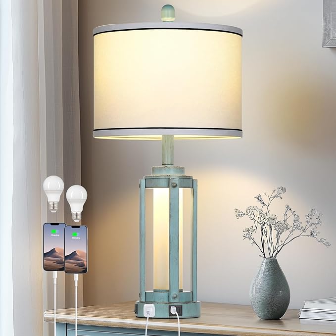 Industrial Farmhouse Table Lamp, 26" Vintage Rustic Beside Lamp with USB A+C Charging Ports & AC Outlet, Nightstand Metal Lamp with LED Night Light & Fabric Shade for Living Room Bedrooms Blue