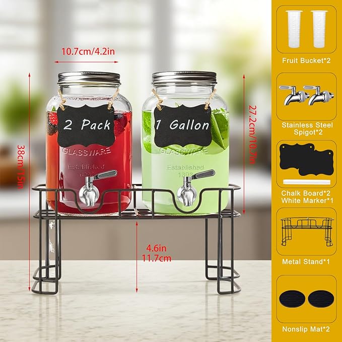 1 Gallon Glass Drink Dispensers for Parties,2 Pack Beverage Dispenser with Stand and Stainless Steel Spigot,Glass Water Lemonade Dispenser with Ice Cylinder for Party Drink,Iced Tea,Kombucha