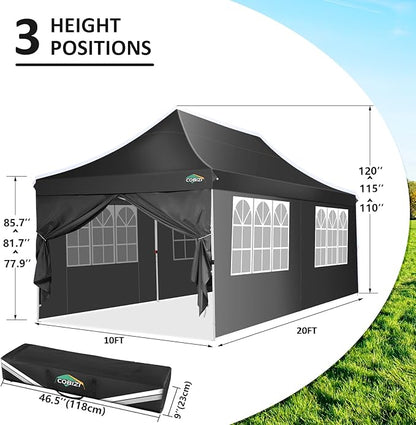 COBIZI 10x20 Pop Up Canopy with 6 Sidewalls, Conical Party Tent 10x20 with 3 Adjustable Height Waterproof, UV-Resistant with Carry Bag, Sandbag, Stake, Ropes for Parties, Commercial (Frame Upgraded)