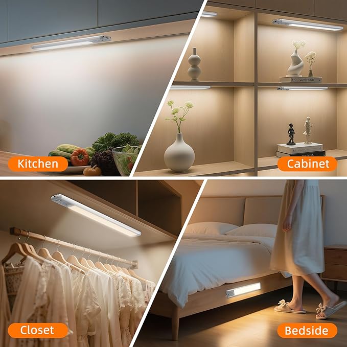 Under Cabinet Lighting Wireless, 15inch Rechargeable Motion Sensor Light Indoor, 3 Color Closet Light Battery Operated with LED Power Display, Magnetic Under Counter Lights for Kitchen, Home (3Pack)