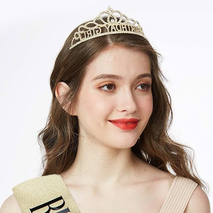 CIEHER Birthday Girl Sash and Birthday Crown Gold Birthday Tiara for Women Birthday Girl Headband Princess Crown Gold Birthday Decorations Birthday Crown and Sash Rhinestone Happy Birthday Accessories