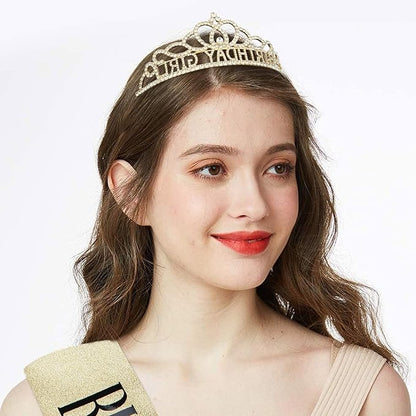CIEHER Birthday Girl Sash and Birthday Crown Gold Birthday Tiara for Women Birthday Girl Headband Princess Crown Gold Birthday Decorations Birthday Crown and Sash Rhinestone Happy Birthday Accessories