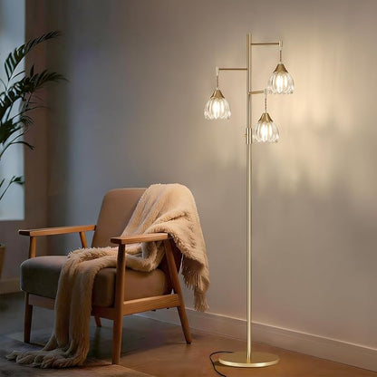Shenmoyl Stepless Dimming Floor Lamps for Living Room, Bedroom, Gold Standing Lamp with 3pcs 6W Bulbs, Vintage Brass Floor Lamp for Corner, Nursery (Clear Tulip)