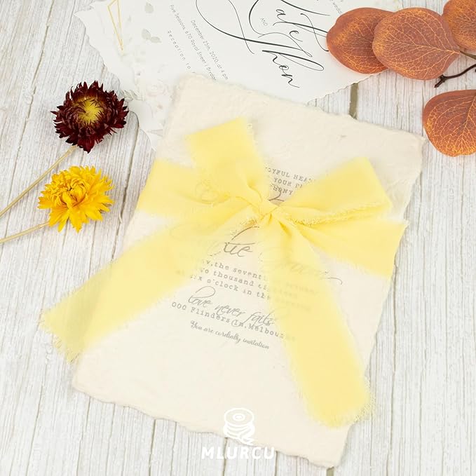 Yellow Chiffon Ribbon, 1-1/2 Inch x 21 Yards, Handmade Fringe, Silk, Boho Frayed, Cream Yellow, Gift Wrapping, Wedding Invitation, Bridal Flower Bouquets