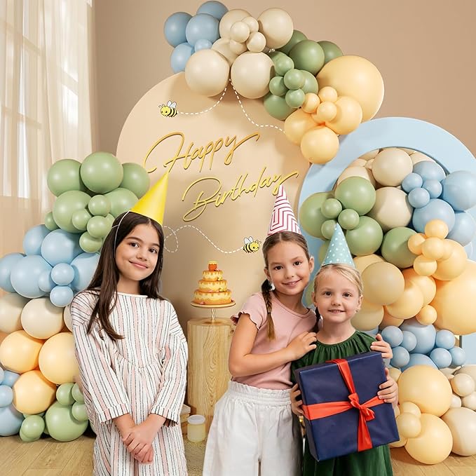 156pcs Blue and Yellow Balloon Arch Kit, Pastel Balloons with Blue Yellow Sage Green Sand White Balloons for Classic Bear Themed Baby Shower Wedding Birthday Party Decorations