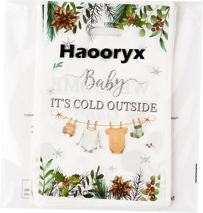 Haooryx Winter Baby Shower Party Favor Bags - 50Pcs Baby It Cold Outside Plastic Goodie Candy Treat Bag with Handle Gift Wrap Decor for Kid Birthday Baby Shower Christmas Decoration Party Favor Supply