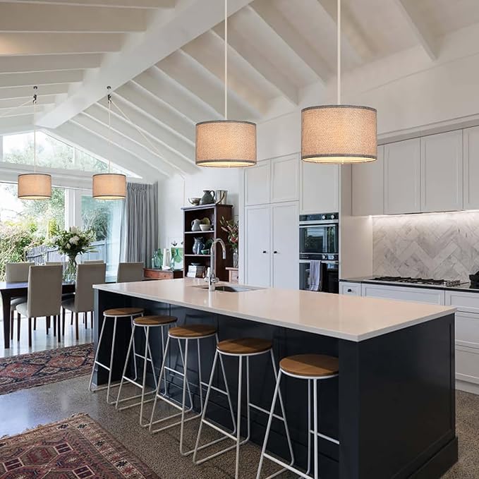 2 Pack Plug in Pendant Light, Hanging Light with 15Ft Clear Cord, On/Off Switch, Grey Fabric Lamp Shade, Hanging Light Fixture for Bedroom, Kitchen, Living Room, Dining Table