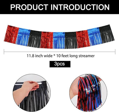 BEISHIDA 3 Packs Metallic Foil Fringe Garland Red Blue Black Wall Hanging Tinsel Fringe Banners for Car Floats Bridal Shower Wedding Birthday Graduation Holiday Party Decoration(30 Feet)