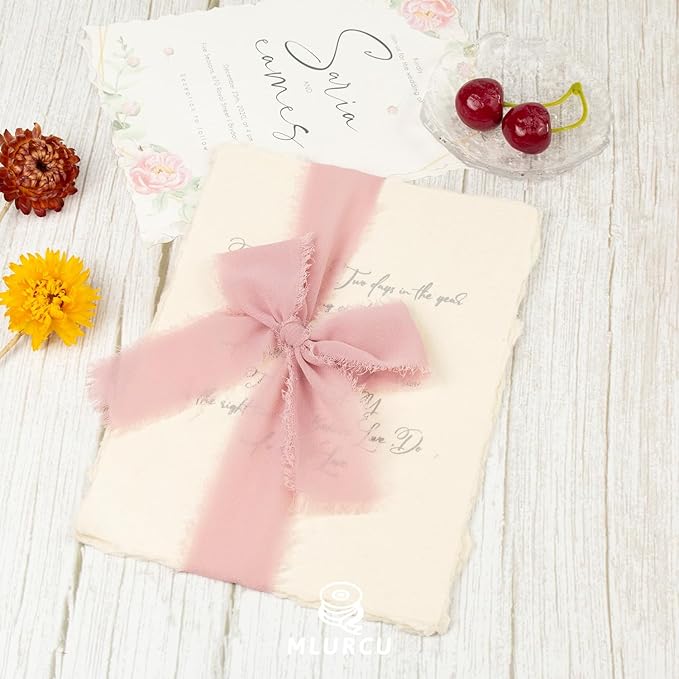 Dusty Rose Chiffon Ribbon 1-1/2 Inch x 21Yards Boho Frayed Mauve Ribbon Handmade Fringe Chiffon Silk Ribbon Dusty Pink Ribbon for Gift Wrapping, Wedding Invitation, Bridal Flower Bouquets