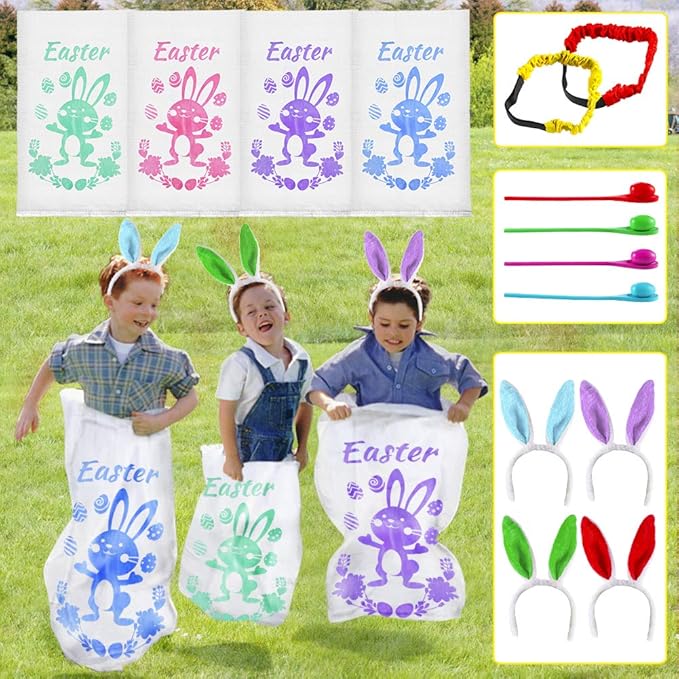 18PACK Easter Party Games for Kids, Easter Potato Sack Race Bags,Bunny Ears Headbands, Egg and Spoon Race Games,Legged Relay Race Bands,Easter Outdoor Games for Easter Eggs Hunt,Easter Party Supplies
